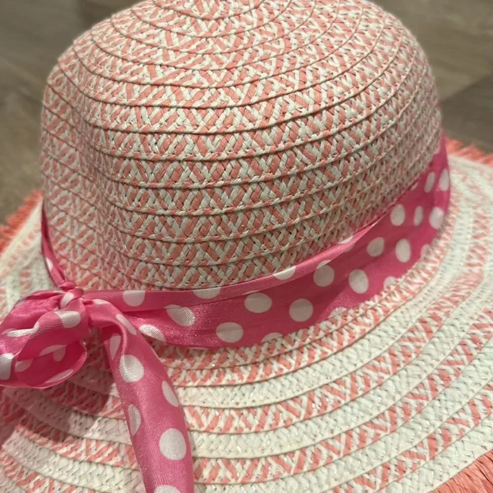 Pink and White Sun Hat with Polka Dot Ribbon